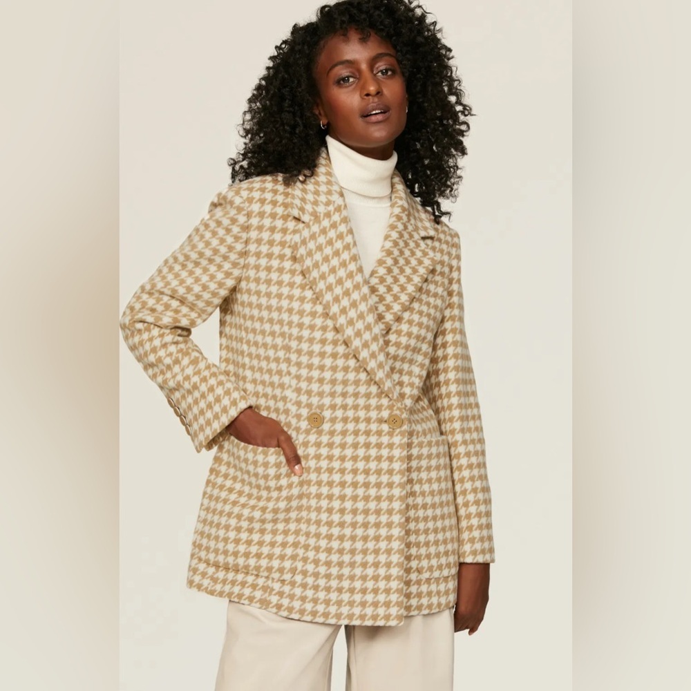 Hugo BOSS Jahonda Double Breasted Blazer Brown Houndstooth Tweed Jacket Sz 10